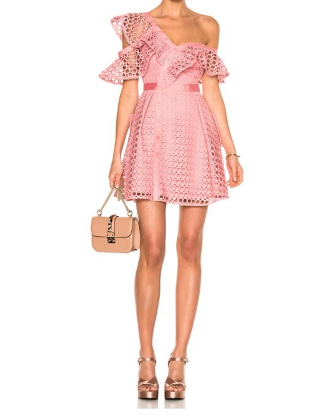 Self-Portrait Pink One-Shoulder Eyelet Ruffle Dress